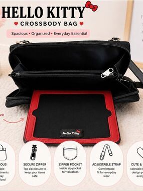 Hello Kitty Black Embossed Crossbody Bag – Sanrio Organizer with Tablet Sleeve